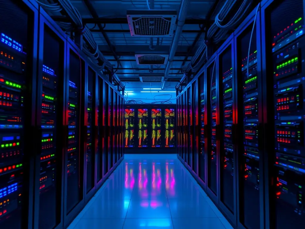 A vibrant image showcasing a server room with blinking lights, symbolizing the robust infrastructure behind TranNet Solutions' shared hosting services.